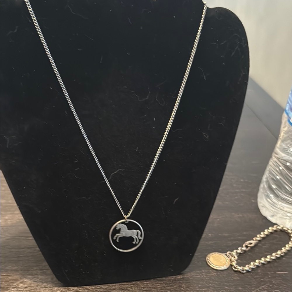 Silver cut coin horse necklace.
